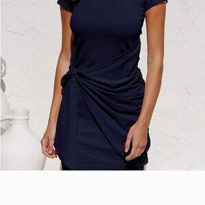 Navy drape tie waist short sleeve dress